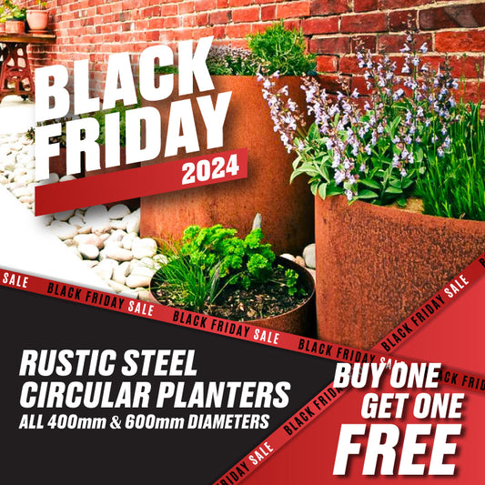 Black Friday 2024 Exclusive - Buy One Get One Free! Bellamy Circular Rustic Steel Planter & Tree Ring