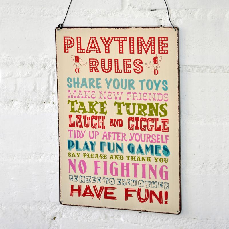 Kids Bedroom Playtime Rules Hanging Metal Sign