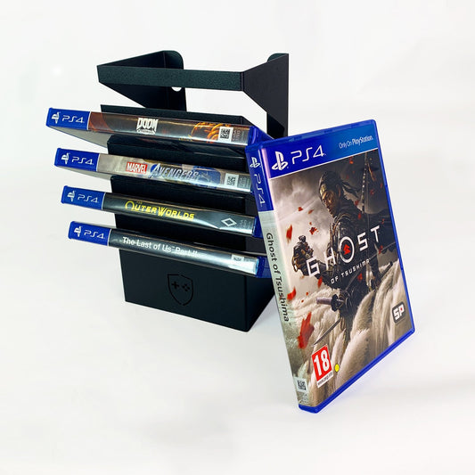 Games Tower Storage Rack, All 3 Sizes in a line with PS4 games and Blu Rays on Display